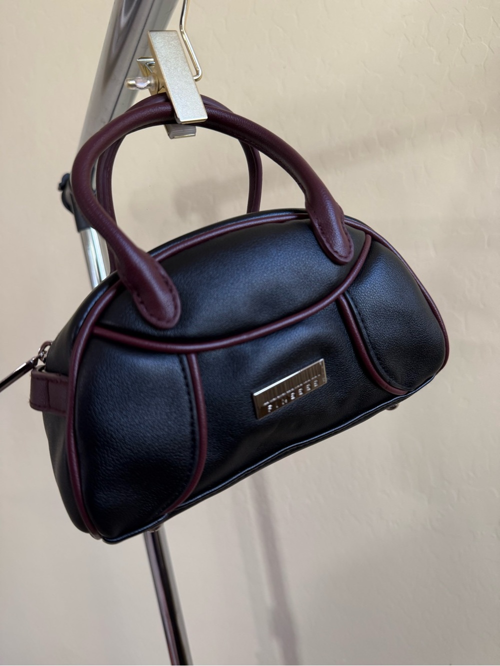 Finesse Black Mini Satchel with Burgundy Trim